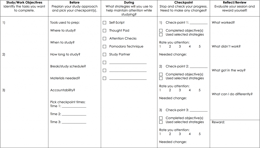 Preview of the effective study plans document that lists categories including study objectives, before, during, checkpoint, and reflect/review.